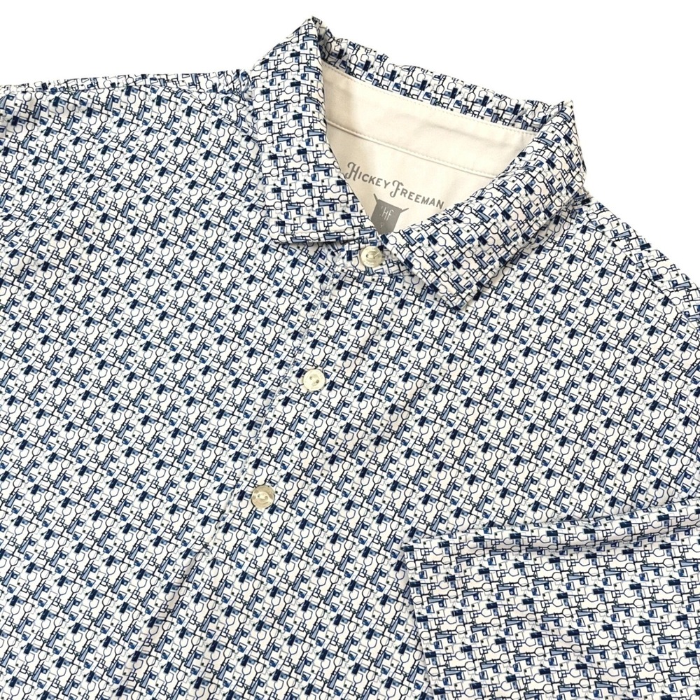 Hickey Freeman Mens Polo Shirt M Blue White Cocktail Print UPF Performance Golf